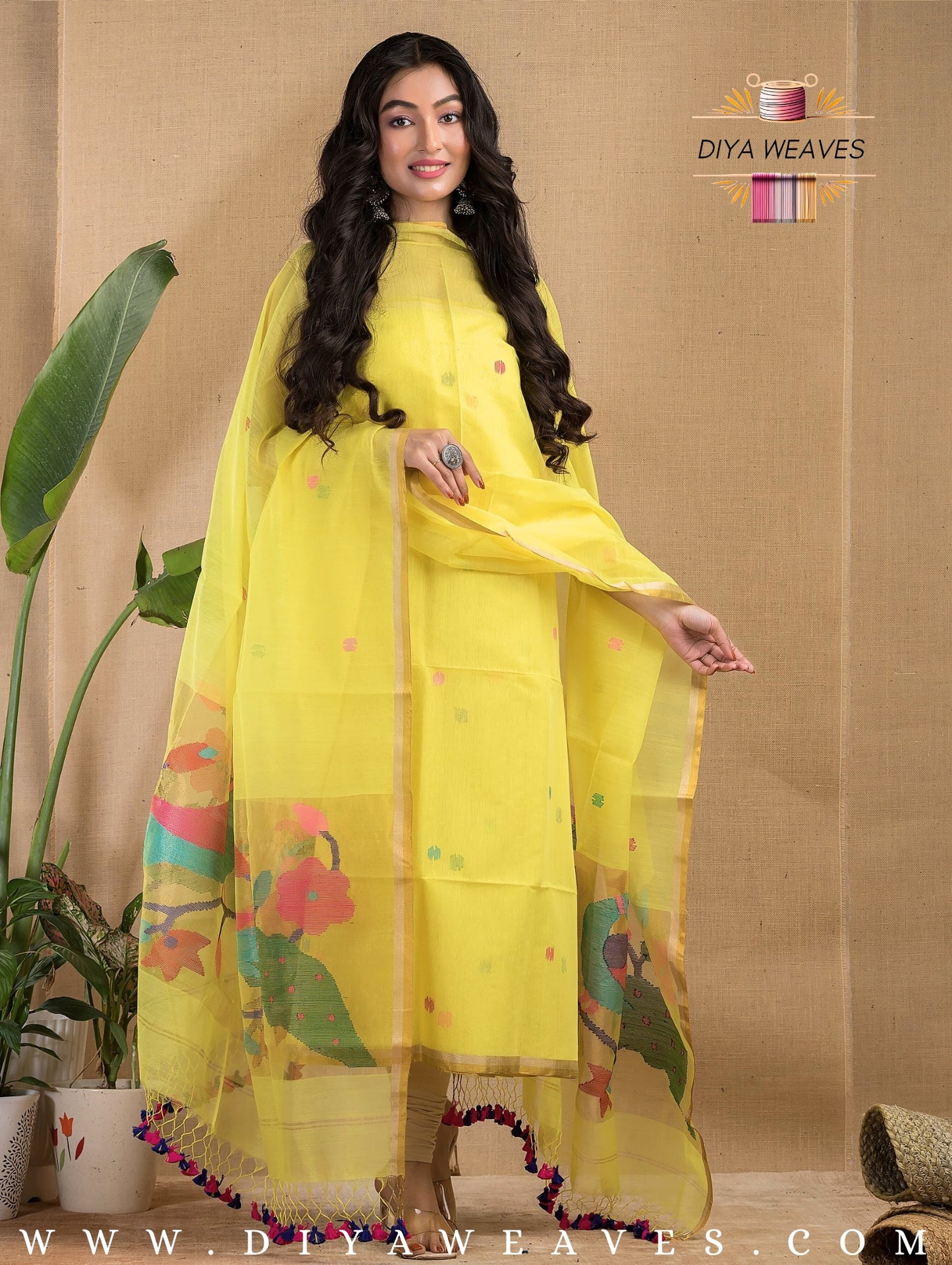 Paithani Jamdani Muslin Suit Set (UNSTITCHED ) - Lemon Yellow