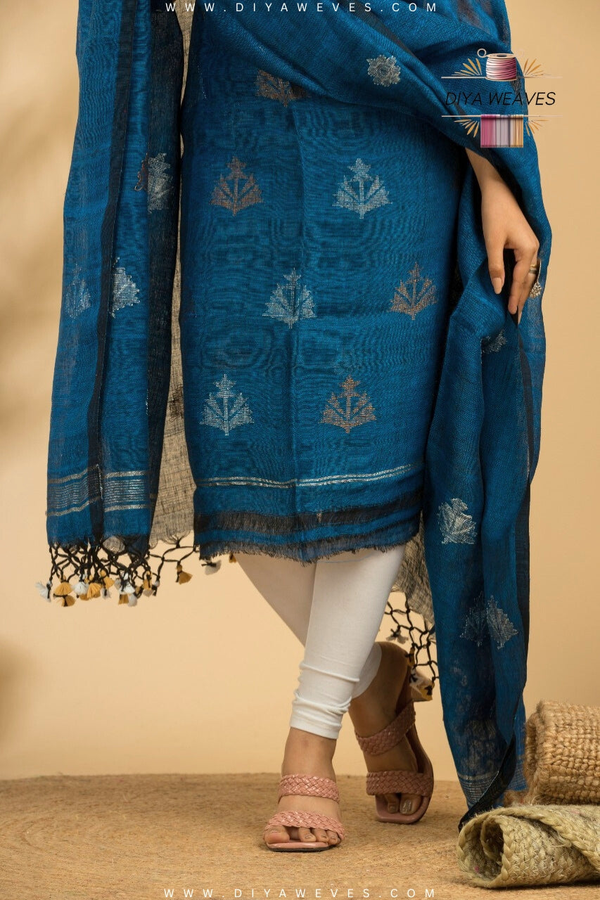 Hand Woven Linen Jamdani Suit 2-PC Set ( UNSTITCHED ) - Aqua Blue