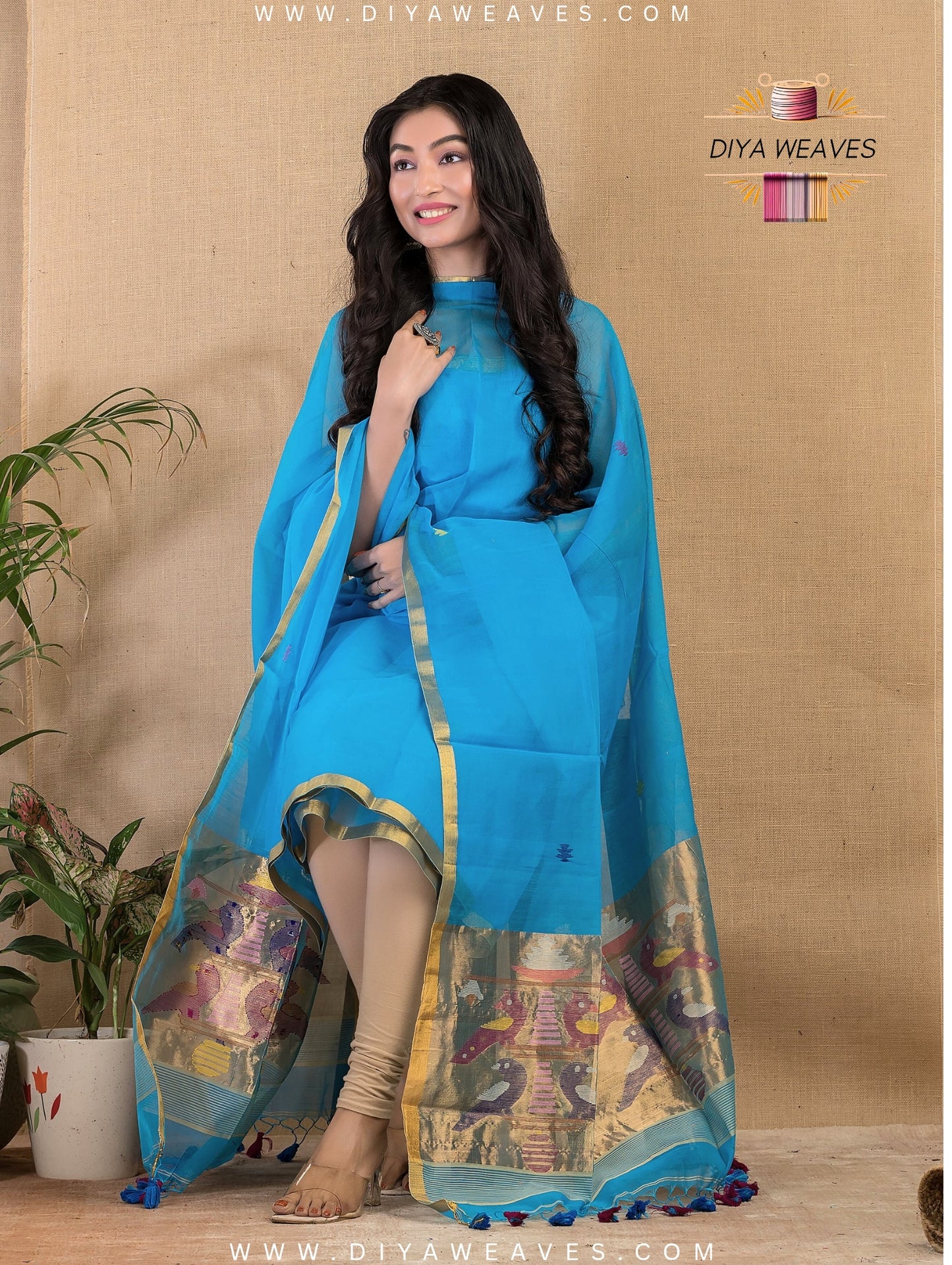Paithani Jamdani Muslin Suit Set (UNSTITCHED ) - Sky Blue