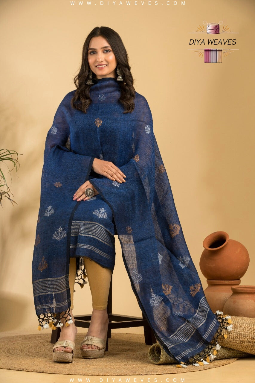 Hand Woven Linen Jamdani Suit 2-PC Set ( UNSTITCHED ) - Clasic Navy Blue