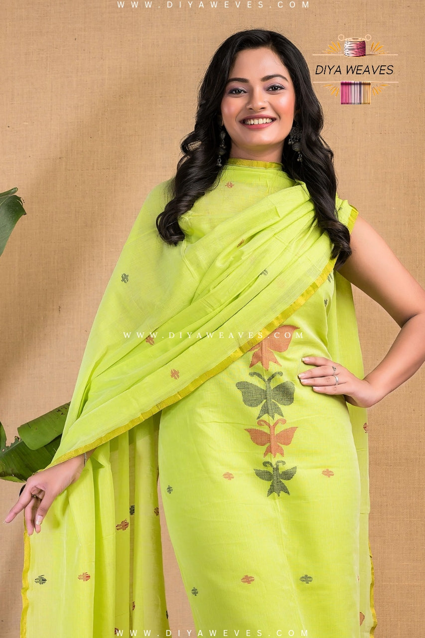 Handwoven Cotton Jamdani 2-Pc Suit Set ( UNSTITCHED )- Greatful parrot green