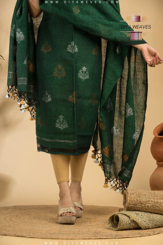 Hand Woven Linen Jamdani Suit 2-PC Set ( UNSTITCHED ) - Stylish Bottle Green