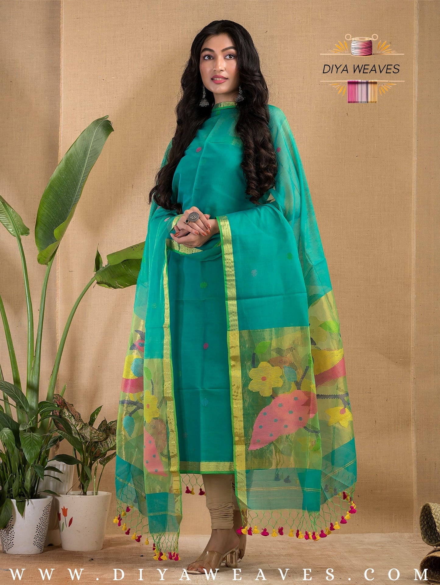 Paithani Jamdani Muslin Suit Set (UNSTITCHED ) - Sea Green