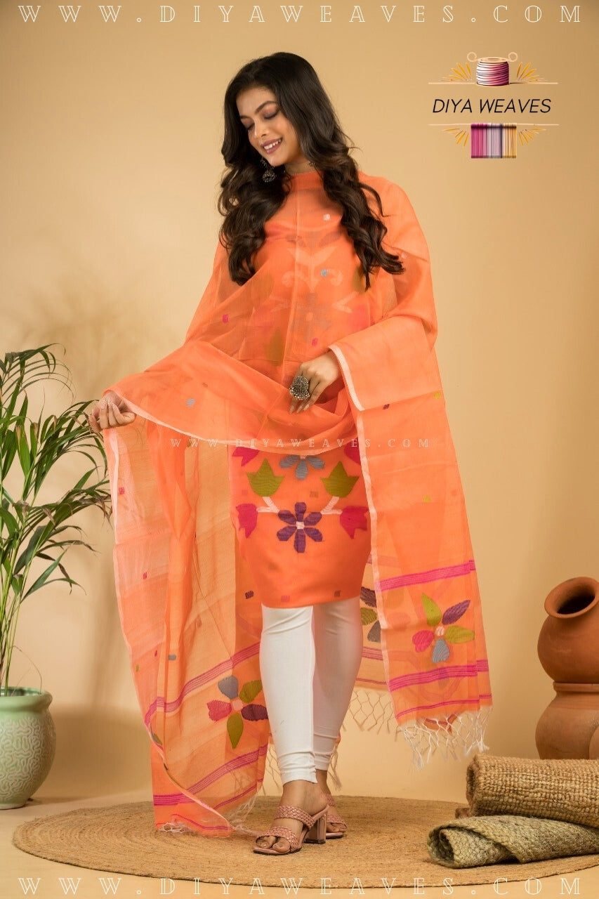 Handwoven Muslin Jamdani Suit Set Unstitched (2-Piece) - Cool Orange