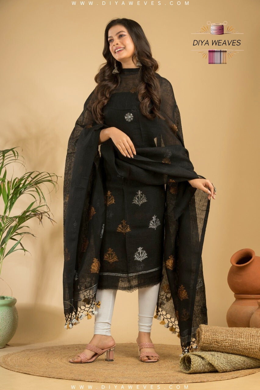 Hand Woven Linen Jamdani Suit 2-PC Set ( UNSTITCHED ) - Gratful Black