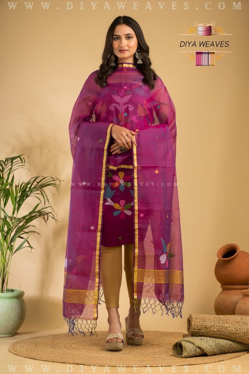Handwoven Muslin Jamdani Suit Set Unstitched (2-Piece) - Mejenda Purple