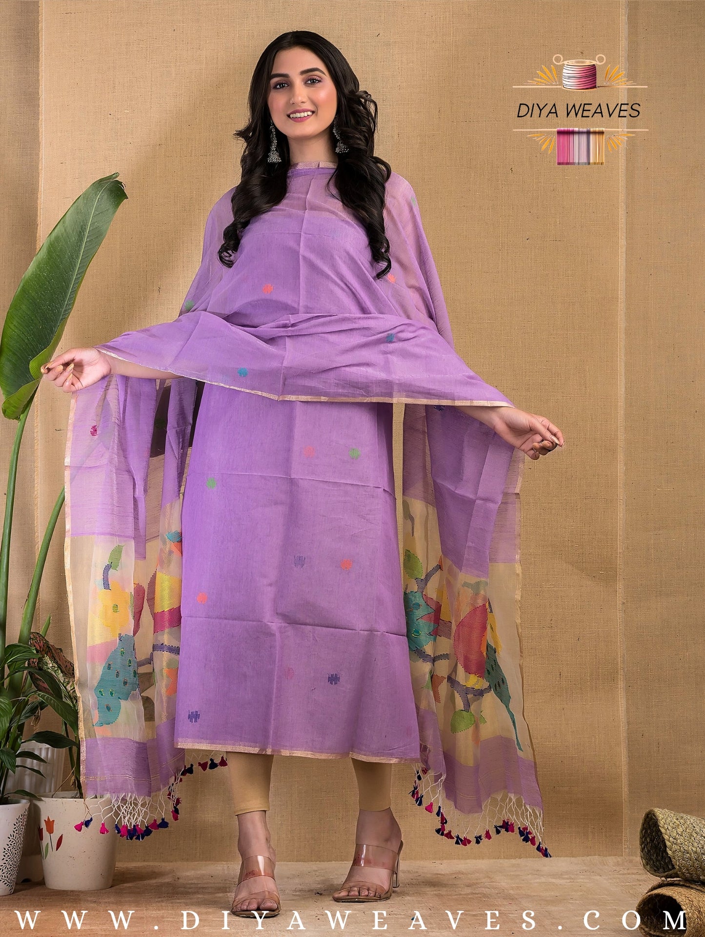 Paithani Jamdani Muslin Suit Set (UNSTITCHED ) - Levender