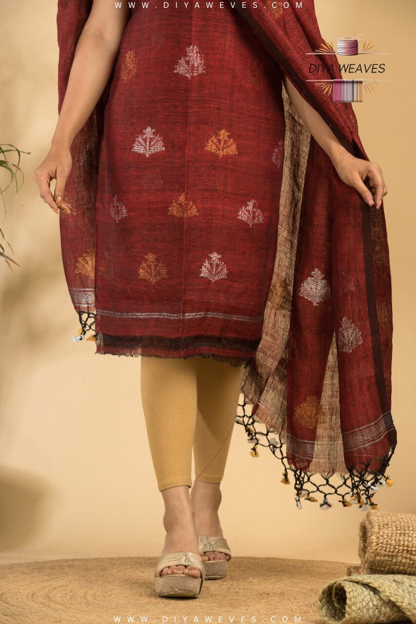 Hand Woven Linen Jamdani Suit 2-PC Set ( UNSTITCHED ) - Elegant Red