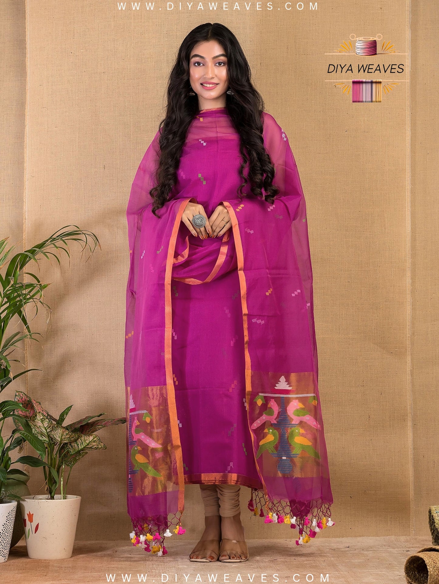Paithani Jamdani Muslin Suit Set (UNSTITCHED ) - Elegant Purple