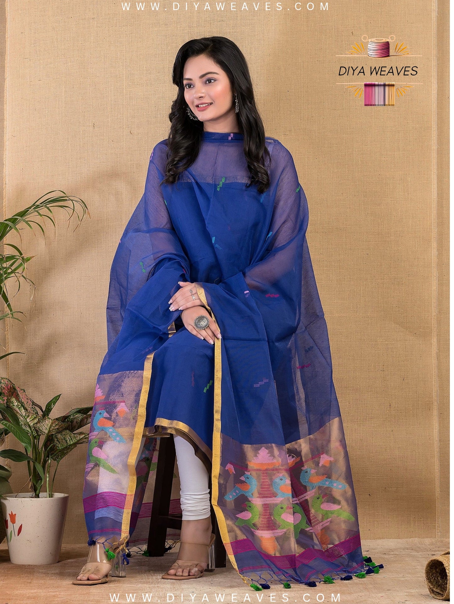 Paithani Jamdani Muslin Suit Set (UNSTITCHED ) - Royal Blue