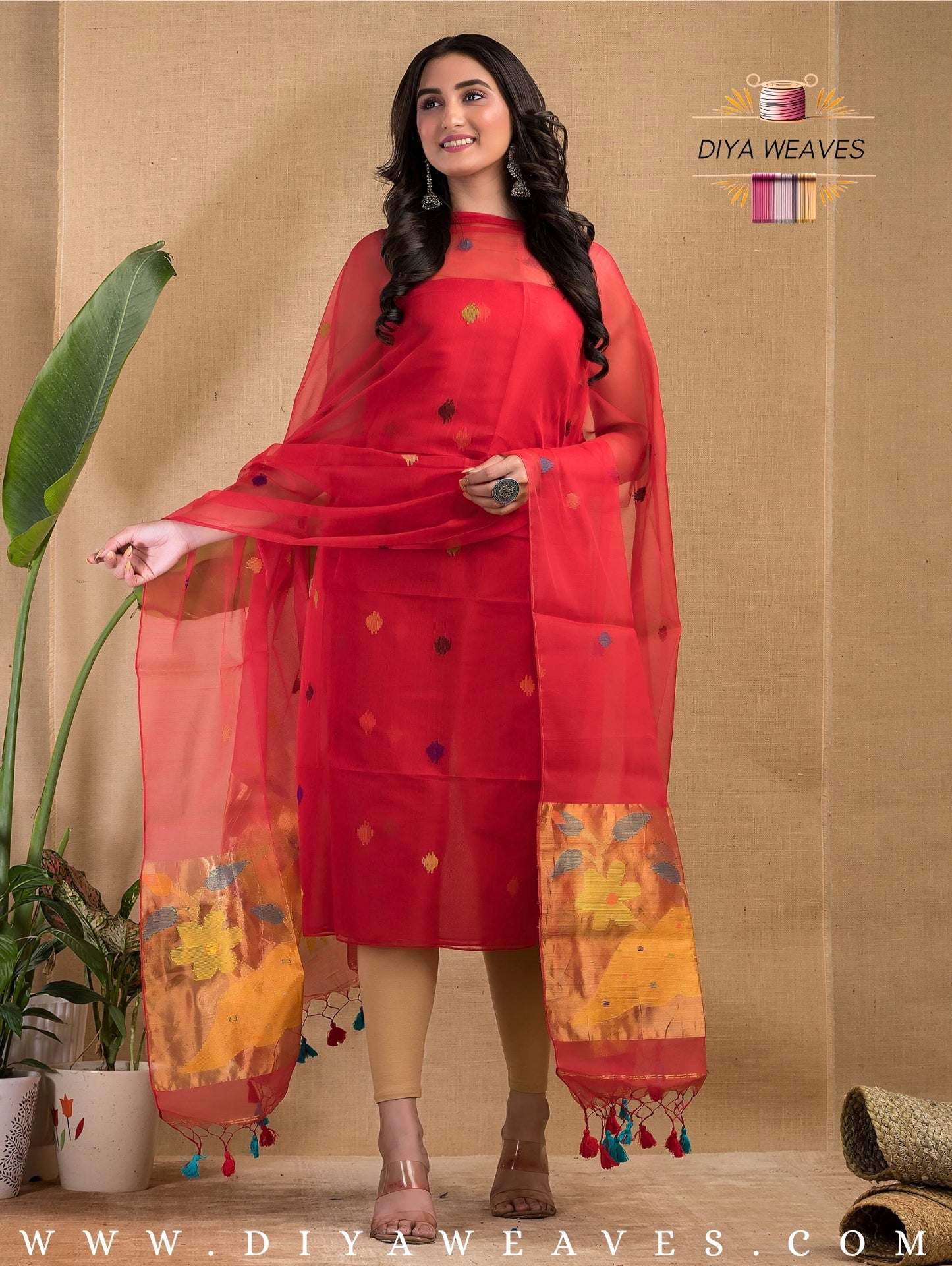 Paithani Jamdani Muslin Suit Set (UNSTITCHED ) - Brite Red