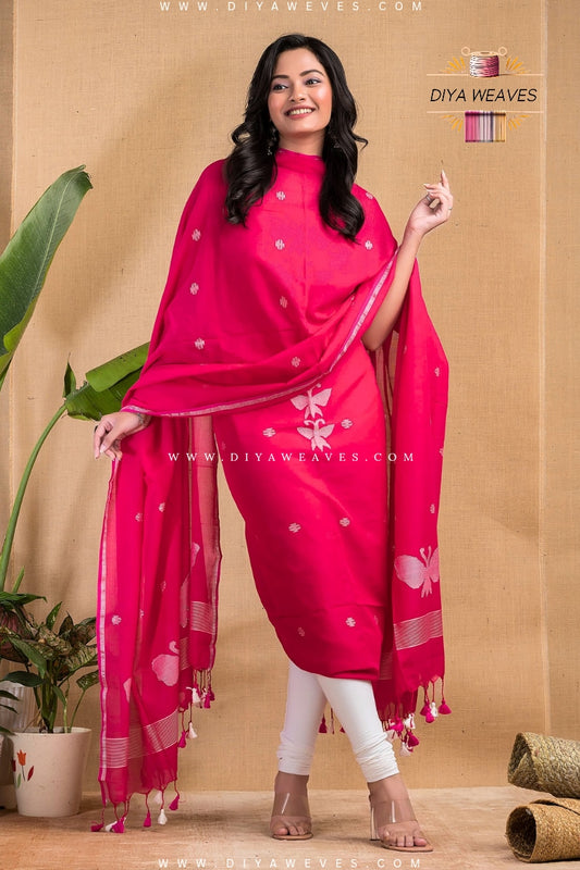 Handwoven Cotton Jamdani 2-Pc Suit Set ( UNSTITCHED )- Red Rani