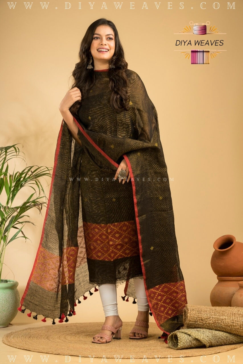 Tissue Lilen Jamdani 2-Pc Suit Set ( UNSTITCHED )-  Element Black / Red