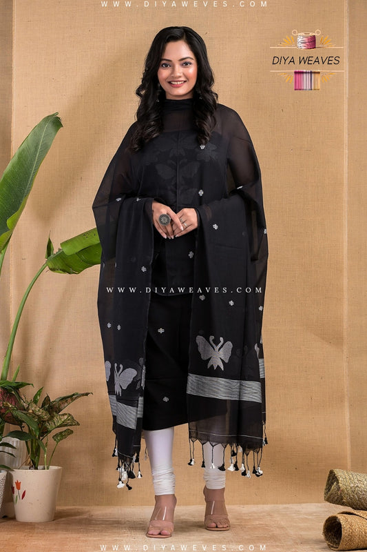 Handwoven Cotton Jamdani 2-Pc Suit Set ( UNSTITCHED )- Greatful Black