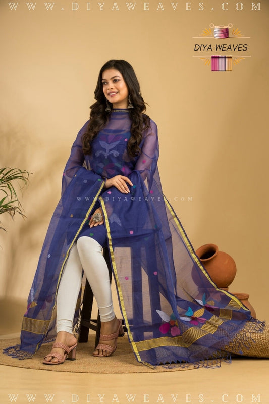 Handwoven Muslin Jamdani Suit Set  Unstitched (2-Piece) - Elegant Royal Blue