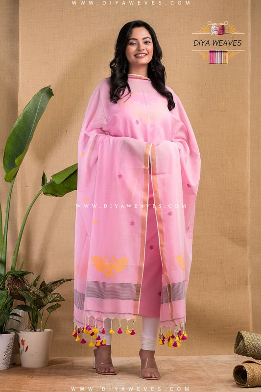 Handwoven Cotton Jamdani 2-Pc Suit Set ( UNSTITCHED )- Elegant Baby Pink