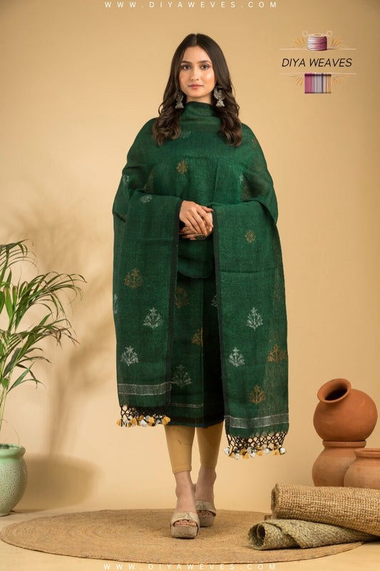 Hand Woven Linen Jamdani Suit 2-PC Set ( UNSTITCHED ) - Stylish Bottle Green