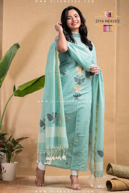Handwoven Cotton Jamdani 2-Pc Suit Set ( UNSTITCHED )- Soothing Green