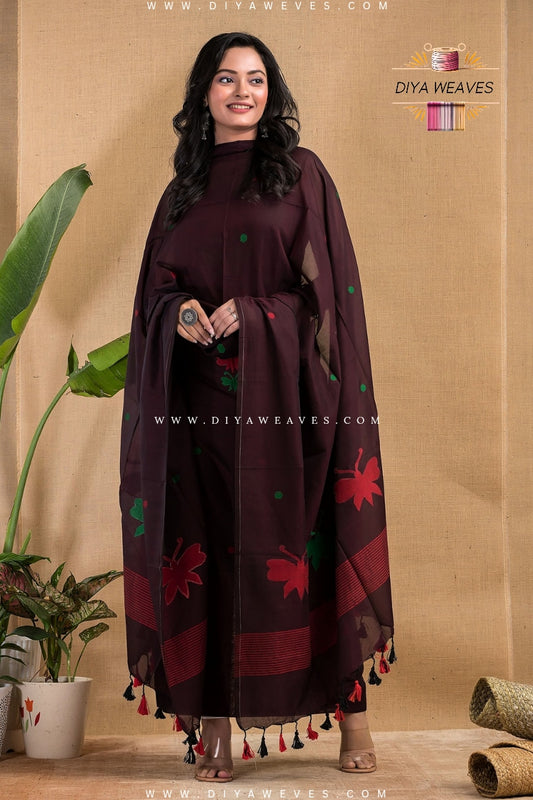 Handwoven Cotton Jamdani 2-Pc Suit Set ( UNSTITCHED )- Coffee Marun