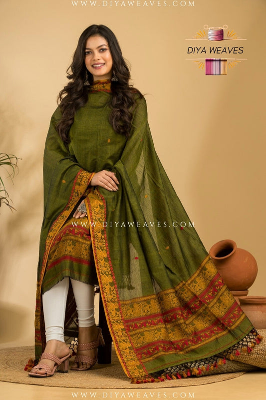 Handwoven Cotton Baluchuri Jamdani 2-Pc Suit Set ( UNSTITCHED )- Pesta Green
