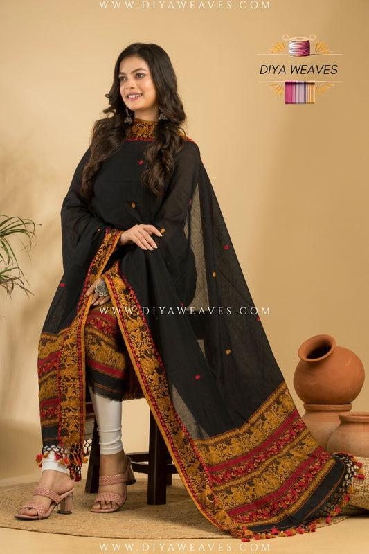 Handwoven Cotton Baluchuri Jamdani 2-Pc Suit Set ( UNSTITCHED )- Grateful Black