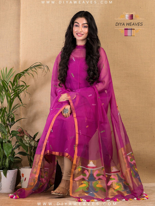 Paithani Jamdani Muslin Suit Set (UNSTITCHED ) - Elegant Purple