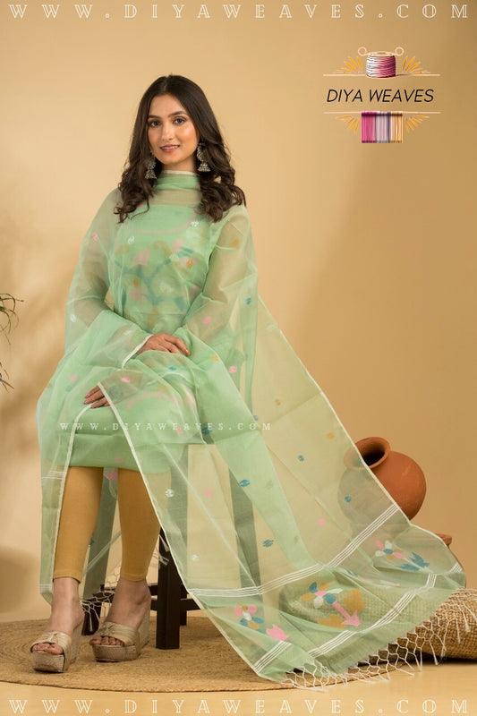 Handwoven Muslin Jamdani Suit Set  Unstitched (2-Piece) - Mint Green