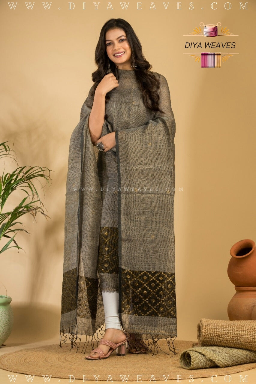 Tissue Lilen Jamdani 2-Pc Suit Set ( UNSTITCHED )- Smokey Grey /Black