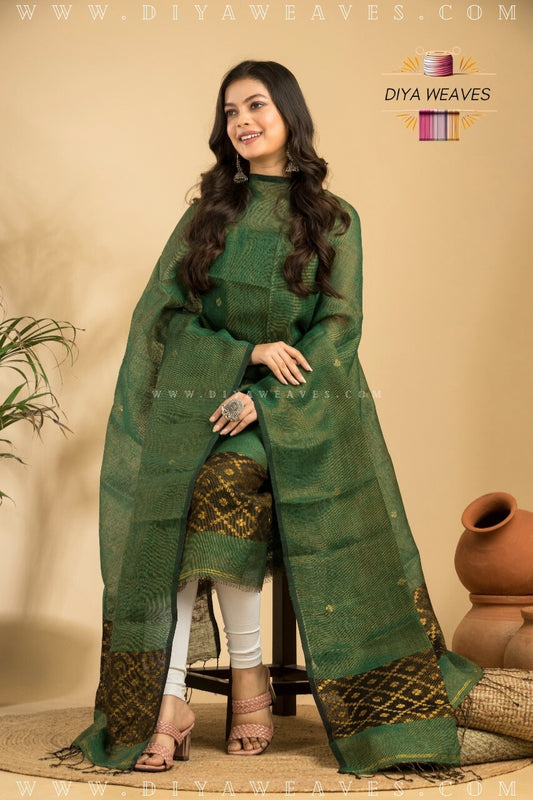 Tissue Lilen Jamdani 2-Pc Suit Set ( UNSTITCHED )- Emarald Green/Black