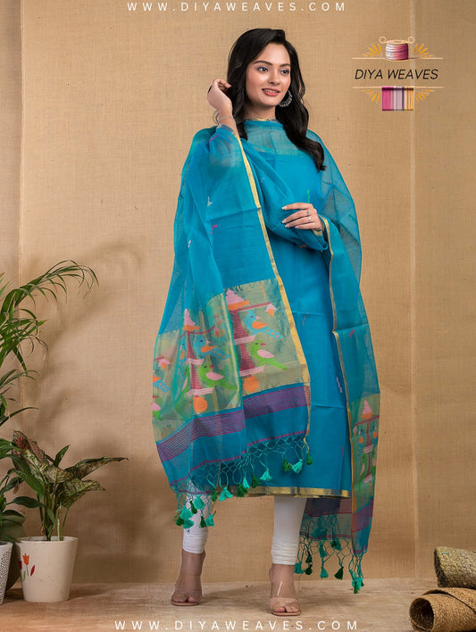 Paithani Jamdani Muslin Suit Set (UNSTITCHED ) - Light Blue