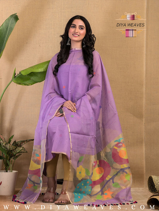 Paithani Jamdani Muslin Suit Set (UNSTITCHED ) - Levender