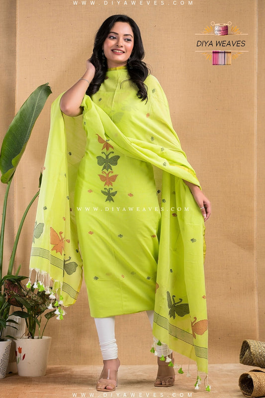 Handwoven Cotton Jamdani 2-Pc Suit Set ( UNSTITCHED )- Greatful parrot green
