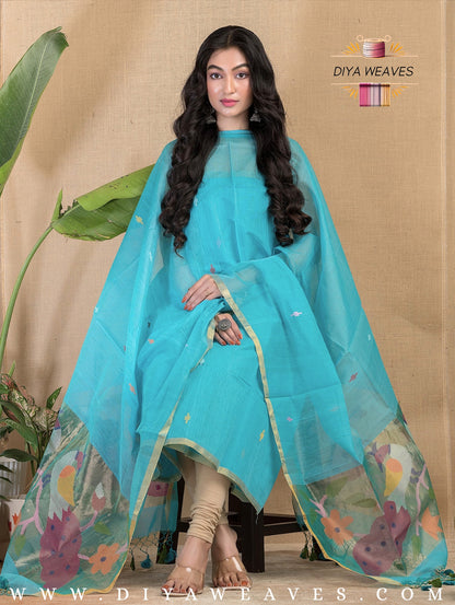 Paithani Jamdani Muslin Suit Set (UNSTITCHED ) - SKY BLUE