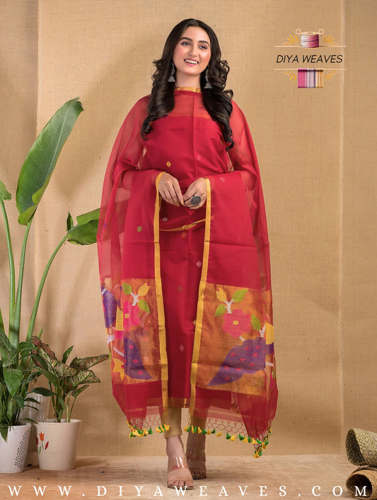 Paithani Jamdani Muslin Suit Set (UNSTITCHED ) - Crimson Red