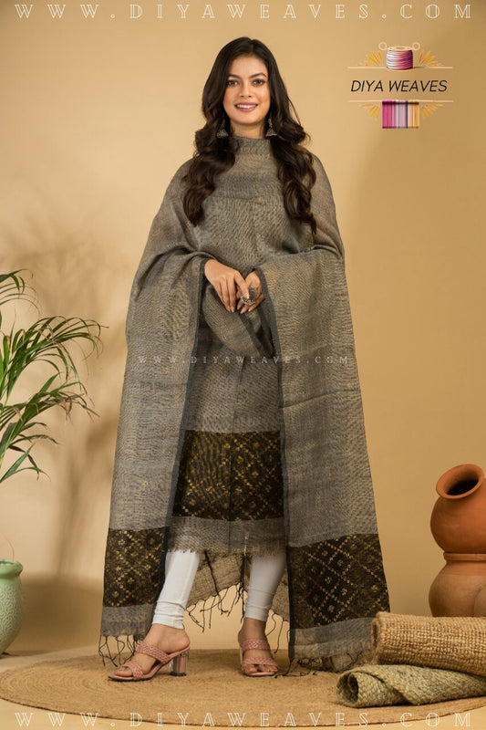 Tissue Lilen Jamdani 2-Pc Suit Set ( UNSTITCHED )- Smokey Grey /Black