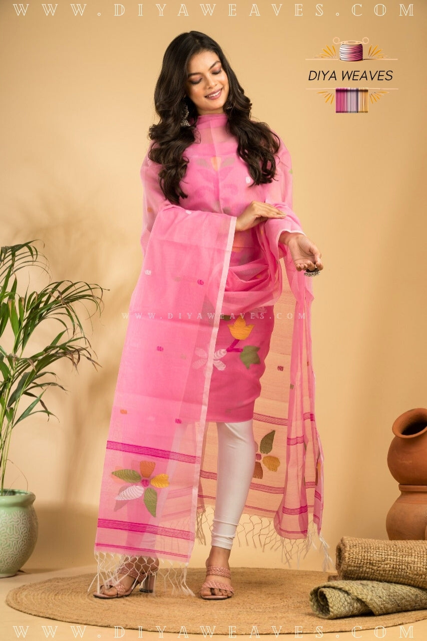 Handwoven Muslin Jamdani Suit Set  Unstitched (2-Piece) - Baby Pink