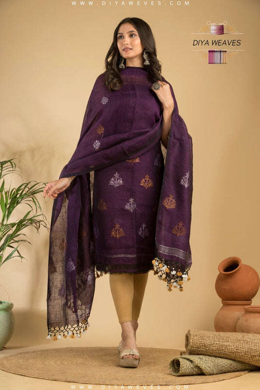 Hand Woven Linen Jamdani Suit 2-PC Set ( UNSTITCHED ) - Elegant Purple