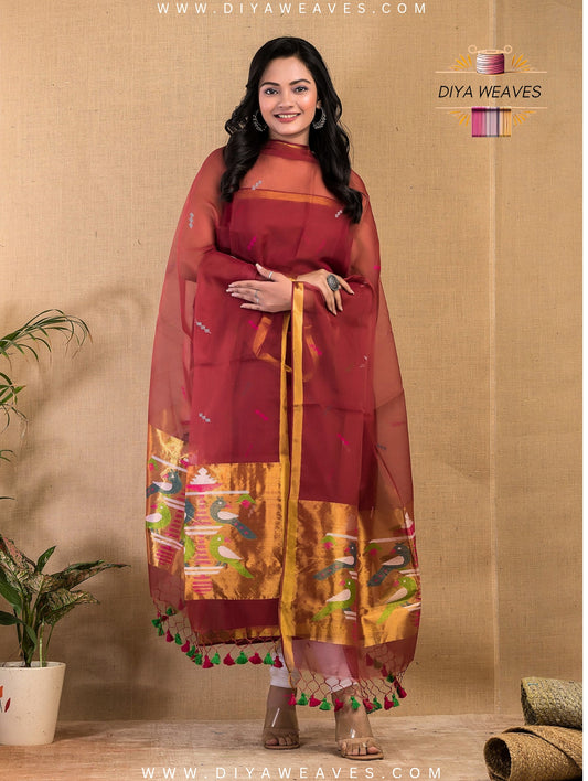 Paithani Jamdani Muslin Suit Set (UNSTITCHED ) - Elegant Marun