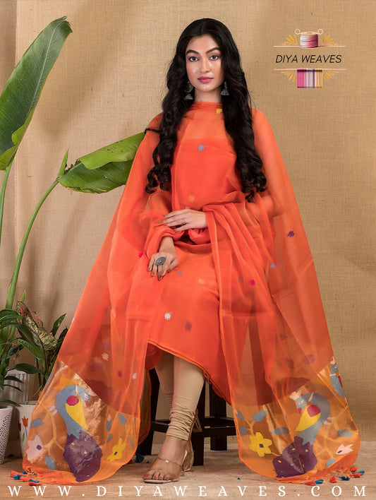 Paithani Jamdani Muslin Suit Set (UNSTITCHED ) - Orange