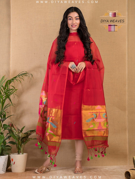 Paithani Jamdani Muslin Suit Set (UNSTITCHED ) - Stylish Red