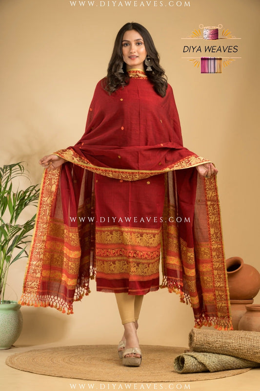 Handwoven Cotton Baluchuri Jamdani 2-Pc Suit Set ( UNSTITCHED )- Elegant Marun