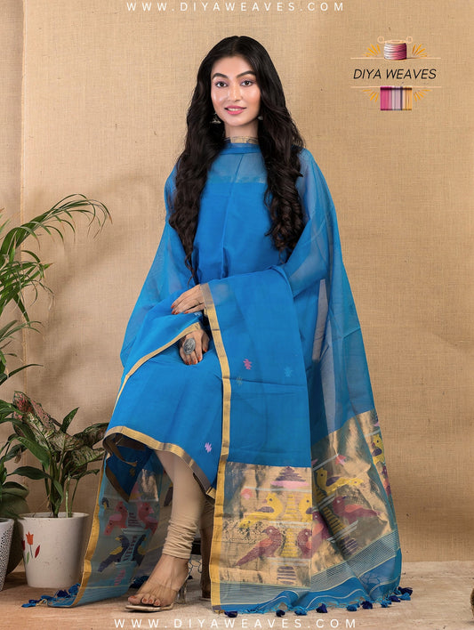 Paithani Jamdani Muslin Suit Set (UNSTITCHED ) - Stylish Aqua Blue