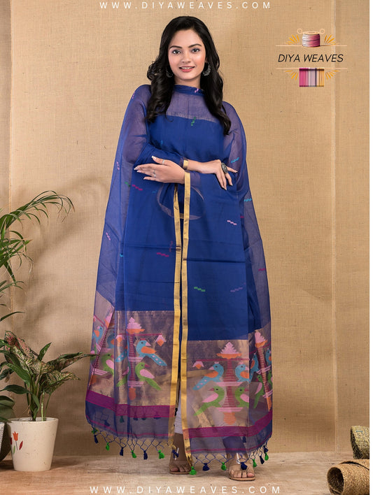 Paithani Jamdani Muslin Suit Set (UNSTITCHED ) - Royal Blue