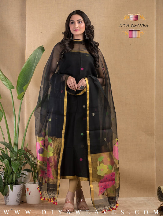 Paithani Jamdani Muslin Suit Set (UNSTITCHED ) - Black