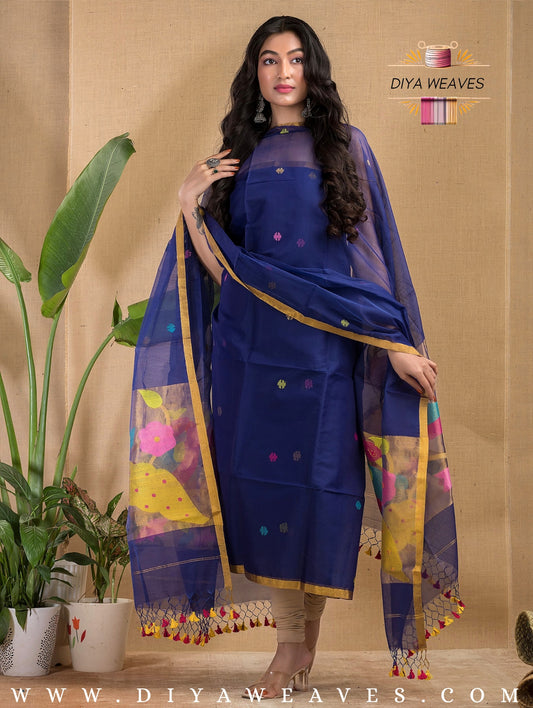 Paithani Jamdani Muslin Suit Set (UNSTITCHED ) - Royal Blue