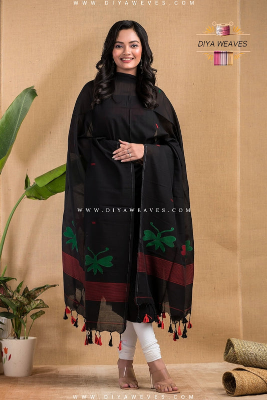 Handwoven Cotton Jamdani 2-Pc Suit Set ( UNSTITCHED )- Black