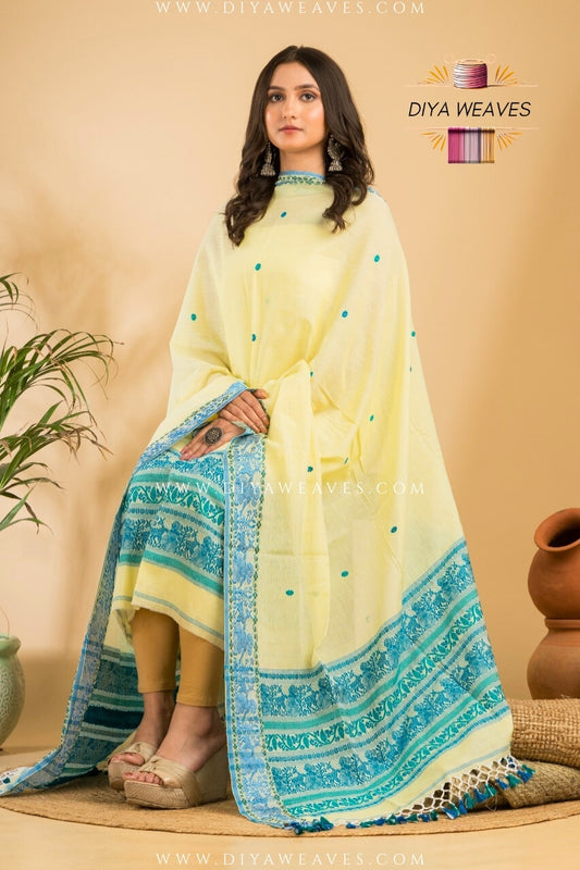 Handwoven Cotton Baluchuri Jamdani 2-Pc Suit Set ( UNSTITCHED )- Lemon Yellow
