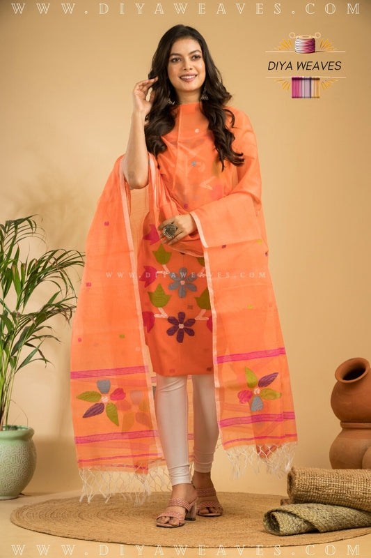 Handwoven Muslin Jamdani Suit Set  Unstitched (2-Piece) - Cool Orange