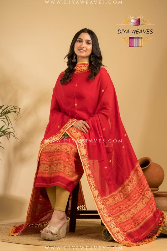 Handwoven Cotton Baluchuri Jamdani 2-Pc Suit Set ( UNSTITCHED )- Gorgeous Red