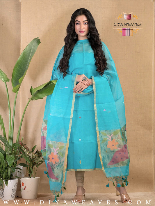 Paithani Jamdani Muslin Suit Set (UNSTITCHED ) - SKY BLUE